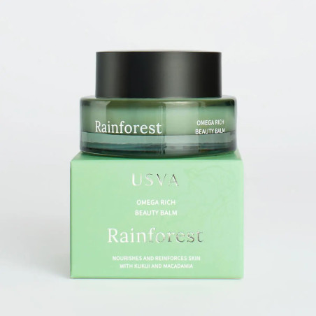Balsamo Nutriente Omega Rainforest USVA in vasetto verde con packaging minimal nordico